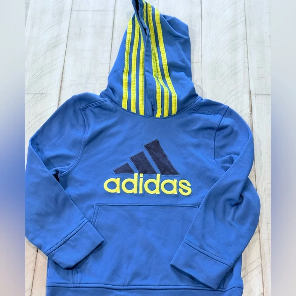 Adidas Kids Blue Hoodie with Yellow Stripes Boys Size 7
